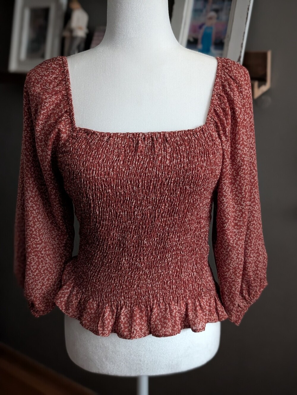 Paper Crane Size L Rust Floral Smocked Square Neck Peplum Boho Top Fall Blouse